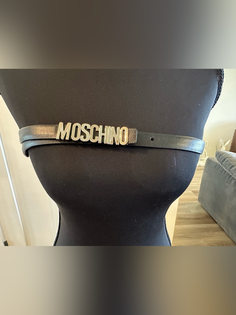 Moschino Black Leather Skinny Belt with Silver Logo Letters Size 42